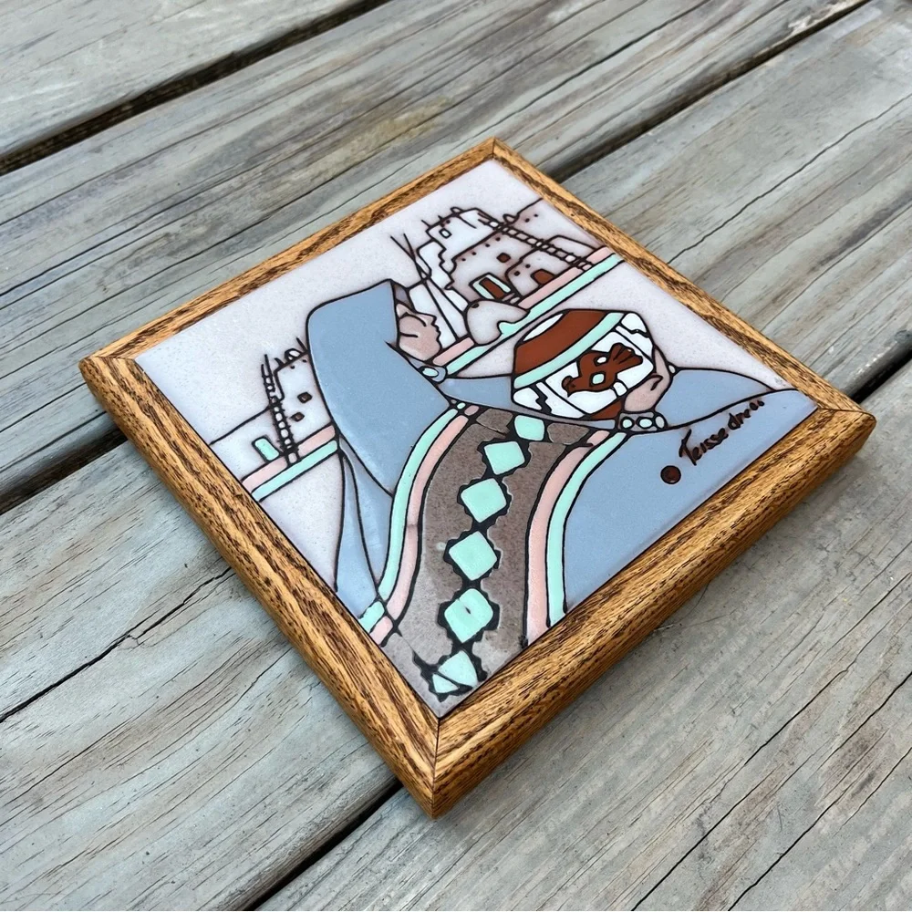 Cleo Teissedre Hand Painted Ceramic Tile Vintage Wood Framed